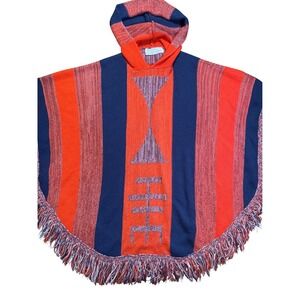 Boho Striped Hooded Vintage Havana Poncho Red Navy Fringe Geometric Tribal Women